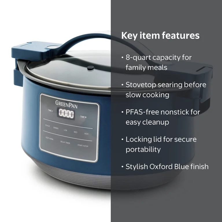 GreenPan 8 Quart Family Size Locking Lid Slow Cooker, Oxford Blue GreenPan 8 Quart Family Size Locking Lid Slow Cooker, Oxford Blue