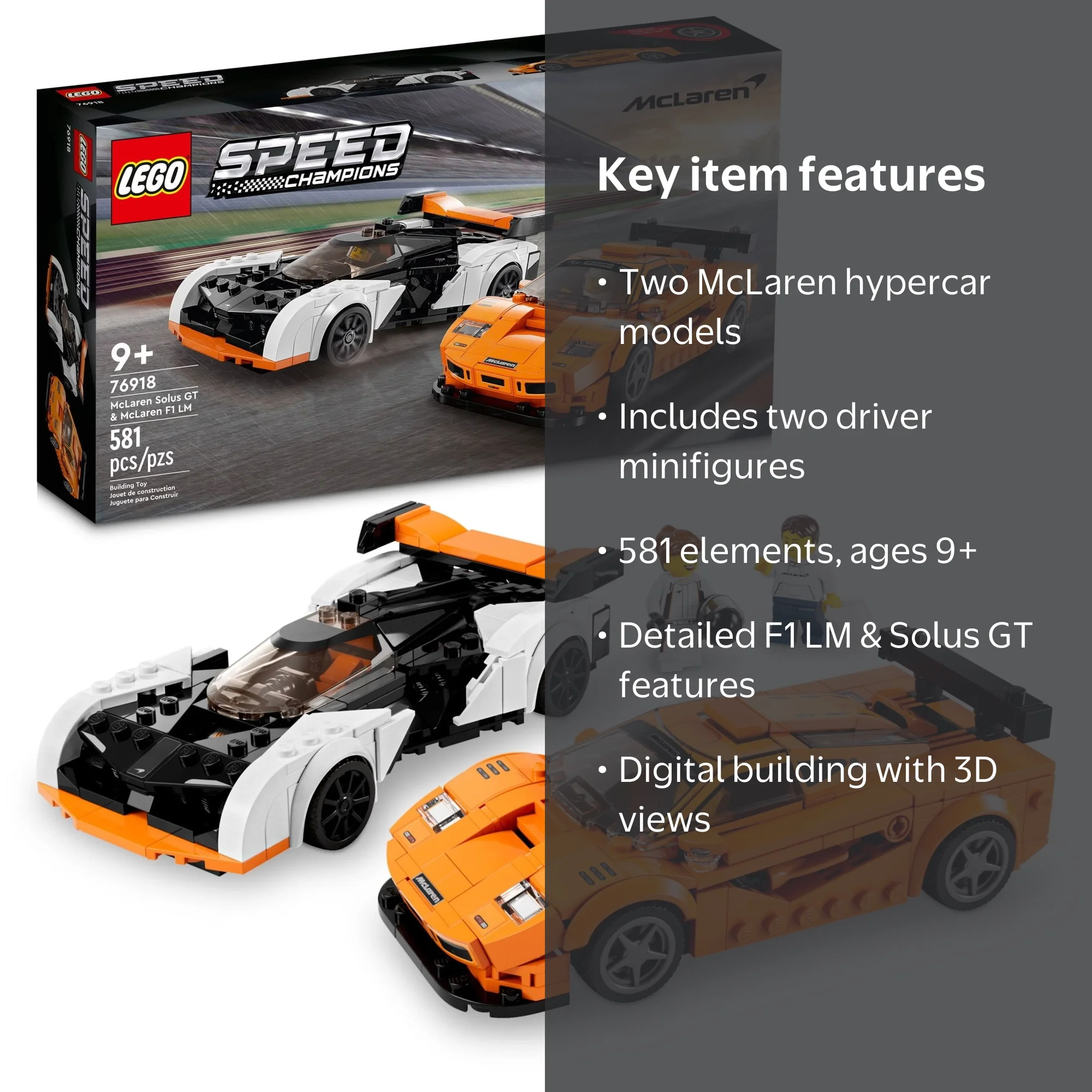 LEGO 76918 Speed Champions McLaren Solus GT & F1 LM, 2 Race Car