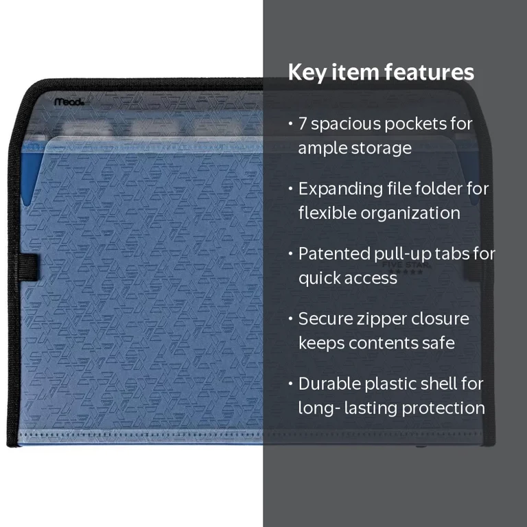 FIVE STAR, Expanding File Folder, Zipper, 7 Pocket, Multicolor