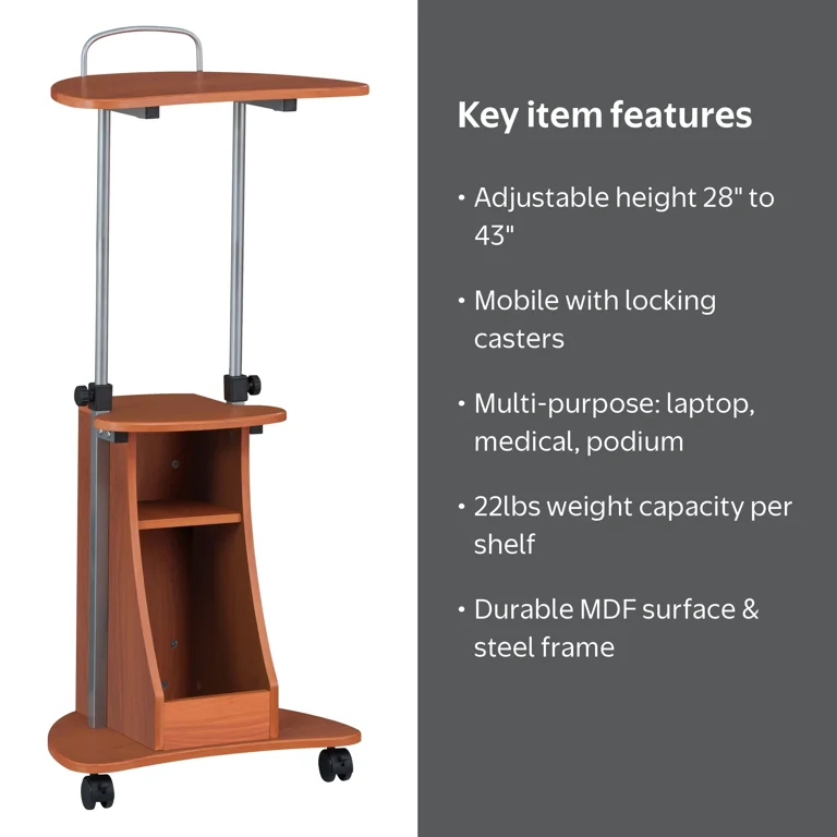 Techni Mobili, Sit-to-Stand Laptop Cart, RTA-B002-WG01, Wood Grain