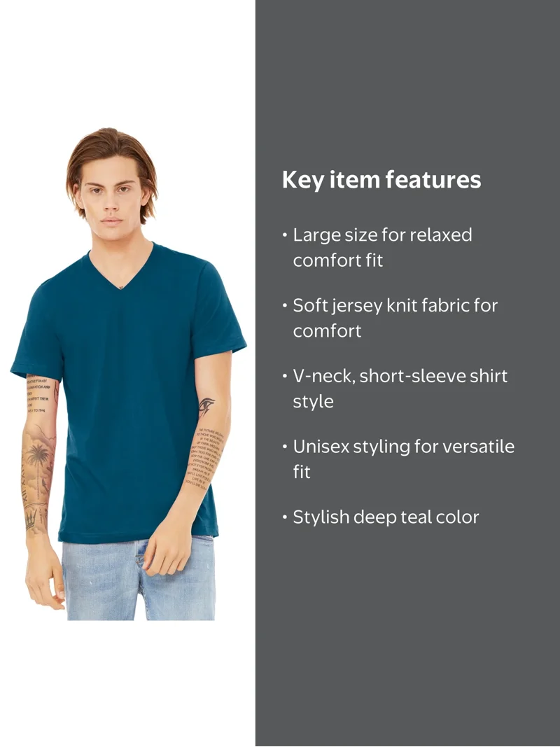 Unisex Jersey V-Neck T-Shirt, Short Sleeve, DEEP TEAL, Size L