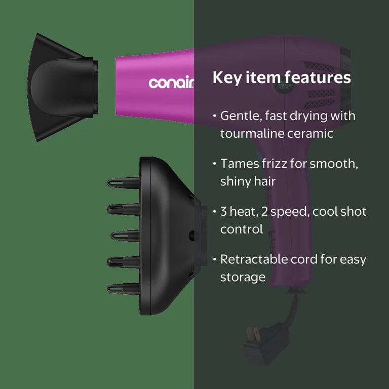 Conair Ionic Ceramic Cord-Keeper Hair Dryer, Diffuser