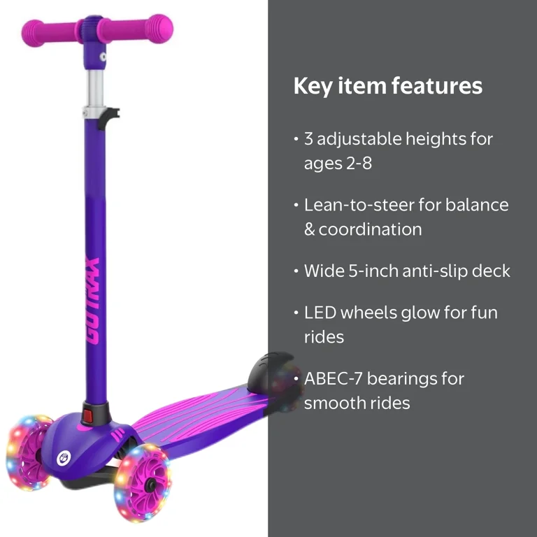 GOTRAX KS1 Kids Kick Scooter, 3 Wheel with LED Lights, Adjustable