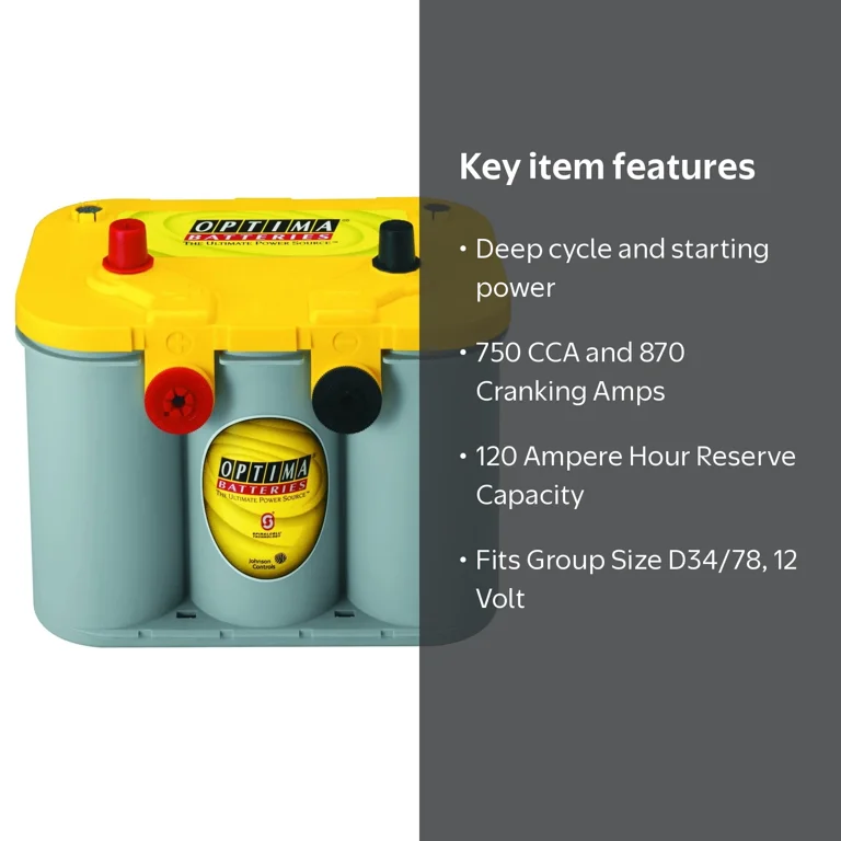 OPTIMA 12 Volt Automotive Battery, Group Size D34/78, 750 CCA Top OPTIMA 12 Volt Automotive Battery, Group Size D34/78, 750 CCA Top