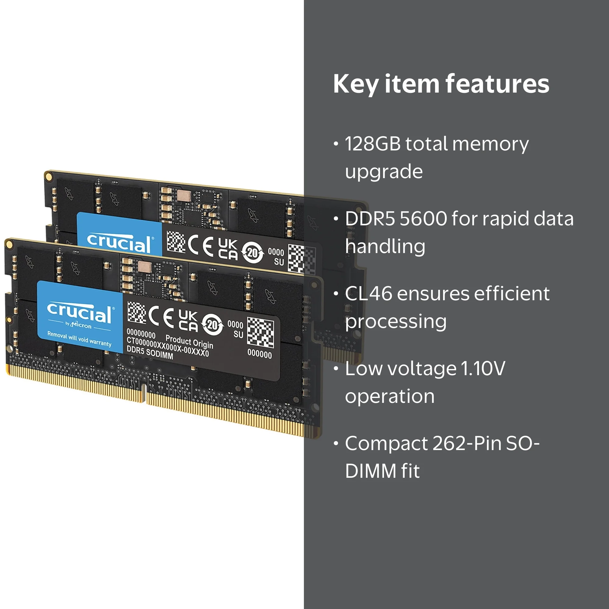 Crucial 128GB (2 x 64GB) 262-Pin DDR5 SO-DIMM DDR5 5600 (PC5 44800