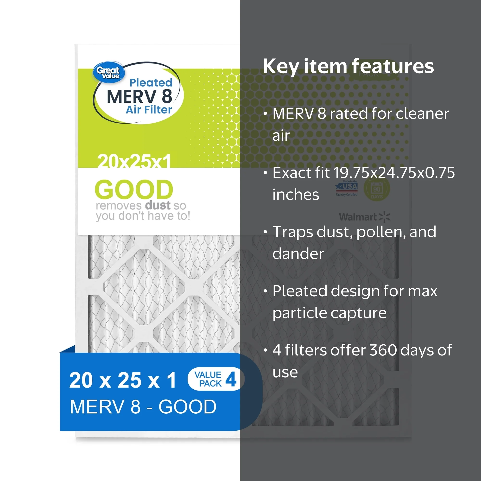 Great Value, 20 x 24 x 1, MERV 8 HVAC Air and Furnace Filter