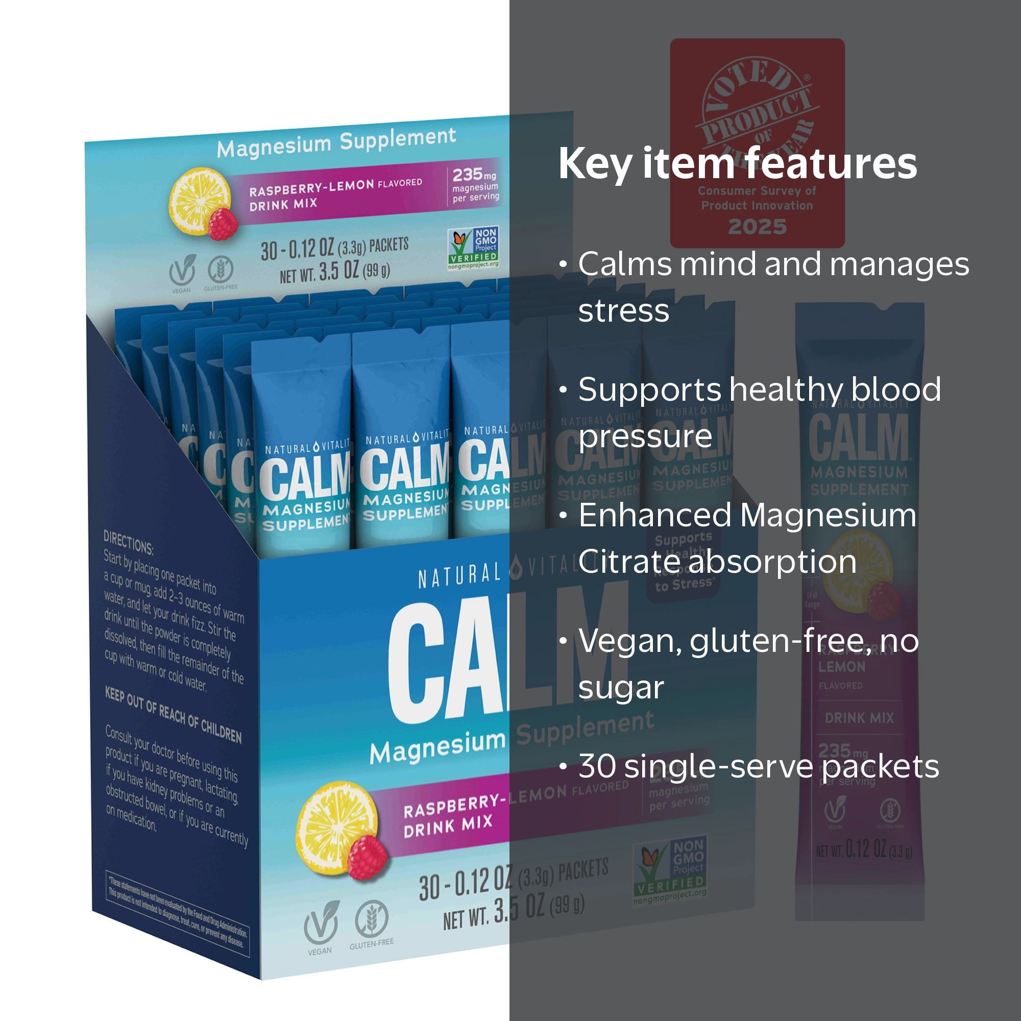 Natural Vitality CALM Magnesium Powder, 30 Packets, Raspberry