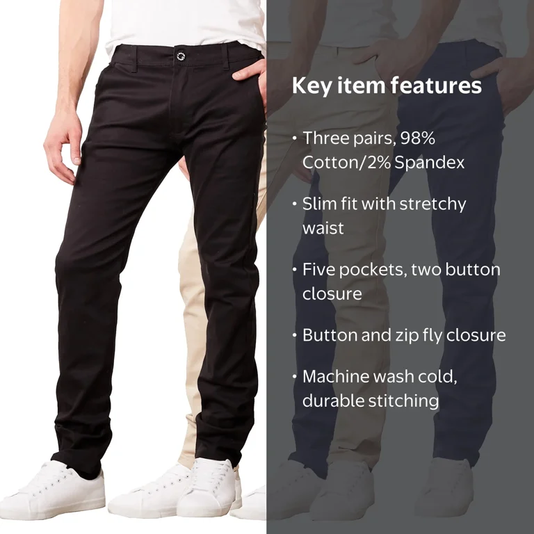 パンツ KAJA WASHED COTTON CHINO PANTS 3 OVY Mens Slim Fit Cotton Stretch Chino Pants (3-Pack) - Walmart.com