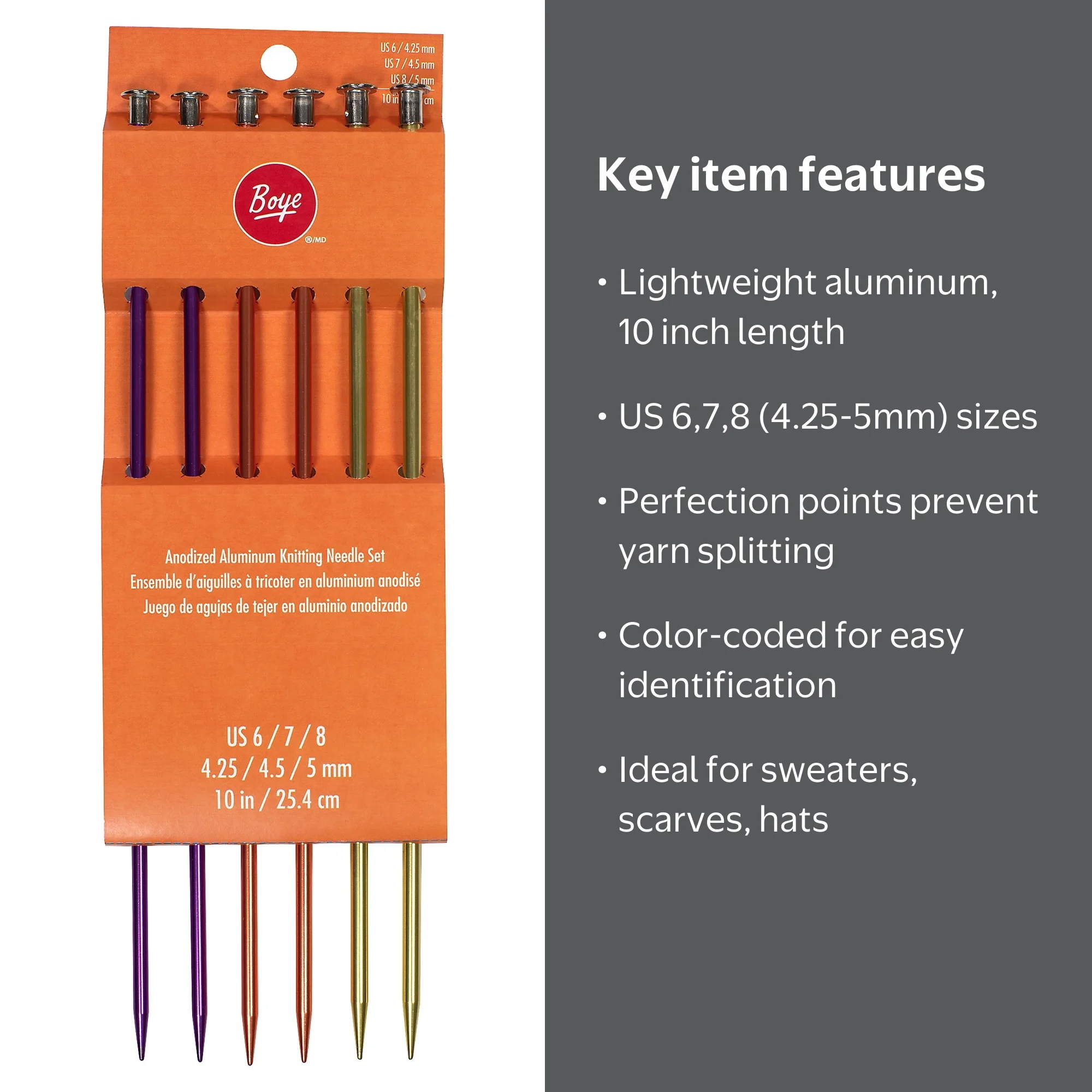 Boye, Knitting Needles, 10 inch, US Sizes 6,7,8 with Perfection