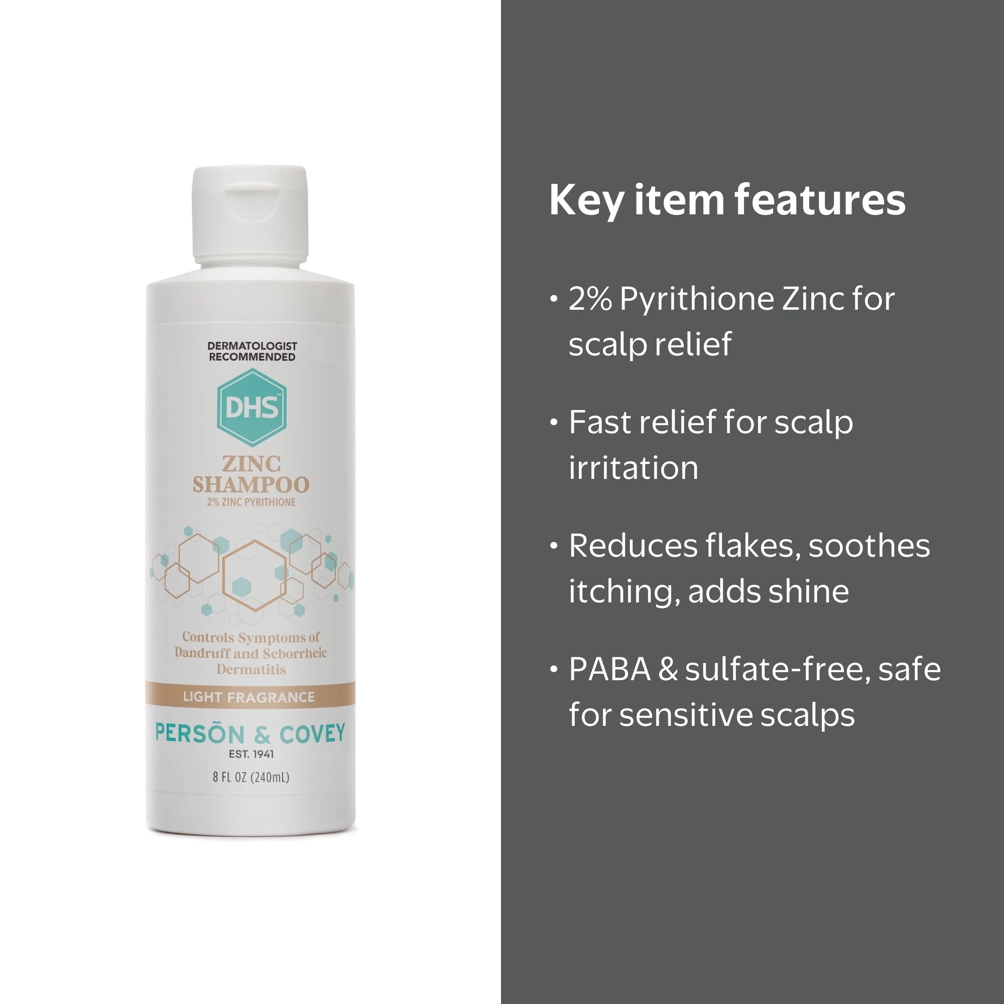 DHS Zinc Medicated Shampoo for Dandruff Oily Hair 8 oz Pyrithione
