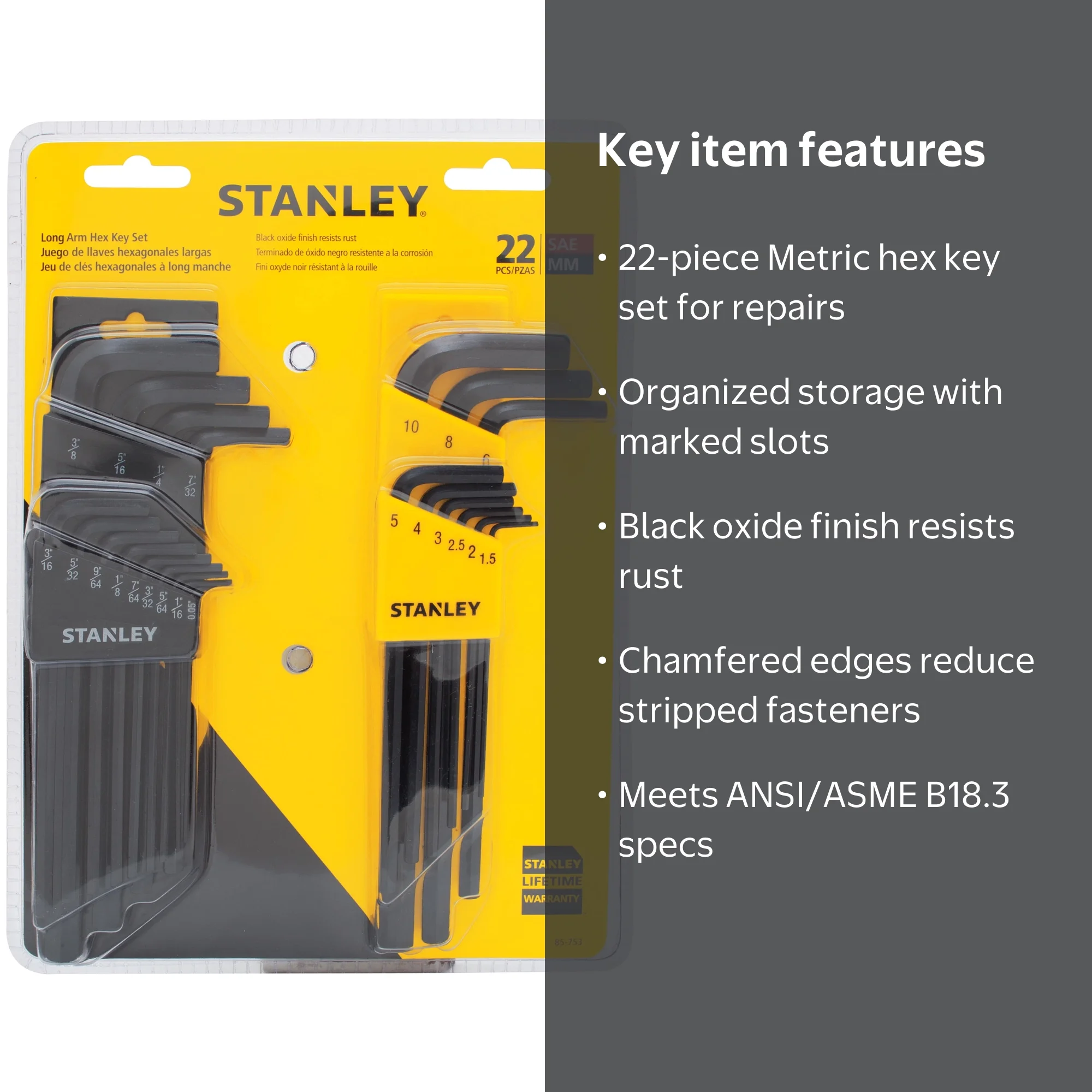 STANLEY 85-753 Hex Key Set, 22pc, Metric, Black Oxide Finish