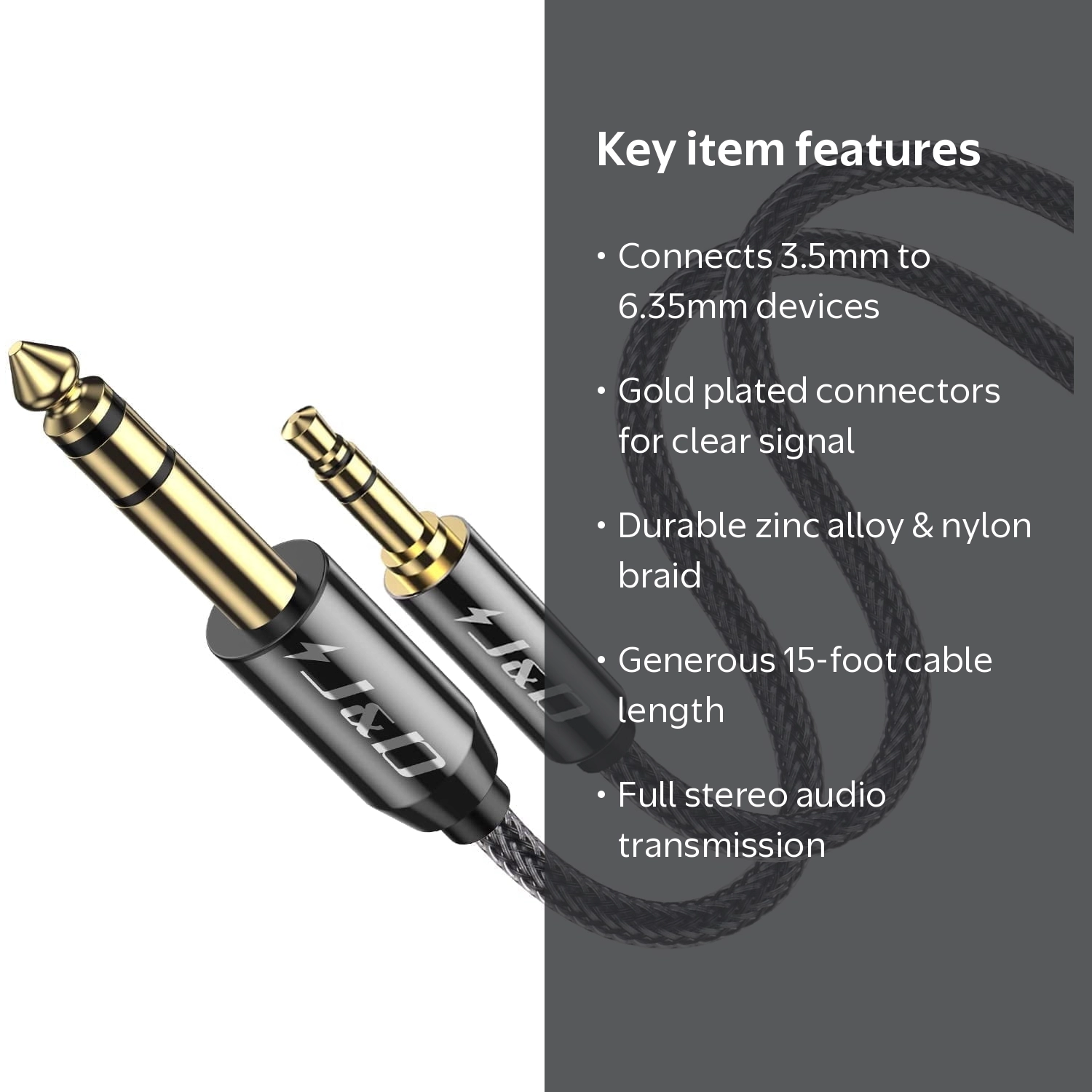 J&D Heavy Duty 3.5mm to 6.35mm AUX Cord, Long 15ft TRS Audio Cable