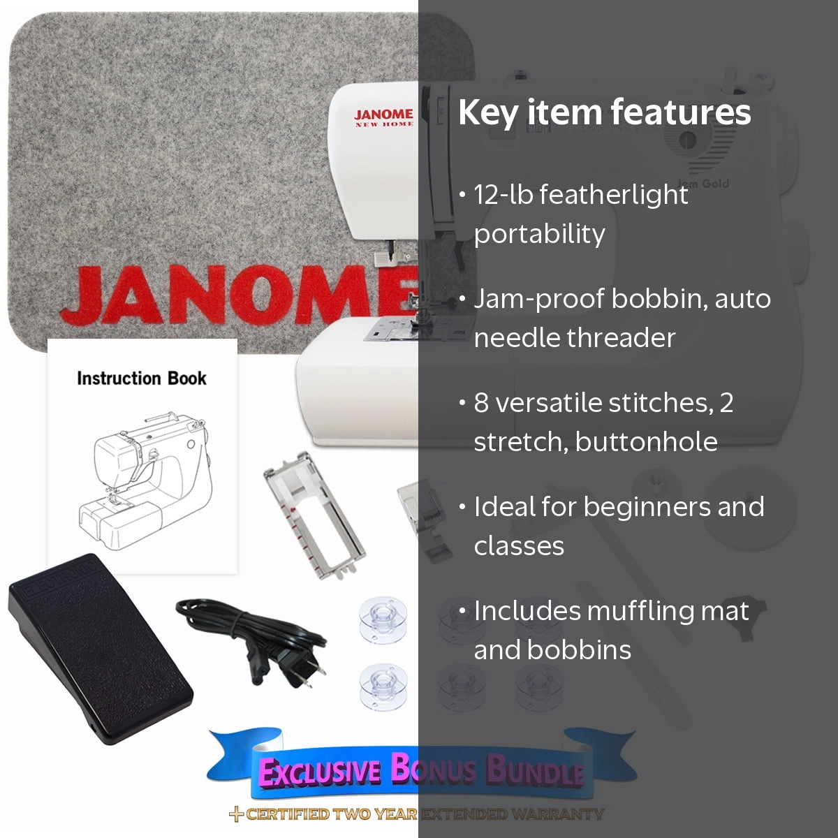 Janome, Sewing Machine, Jem Gold 660, White, Built-In Needle