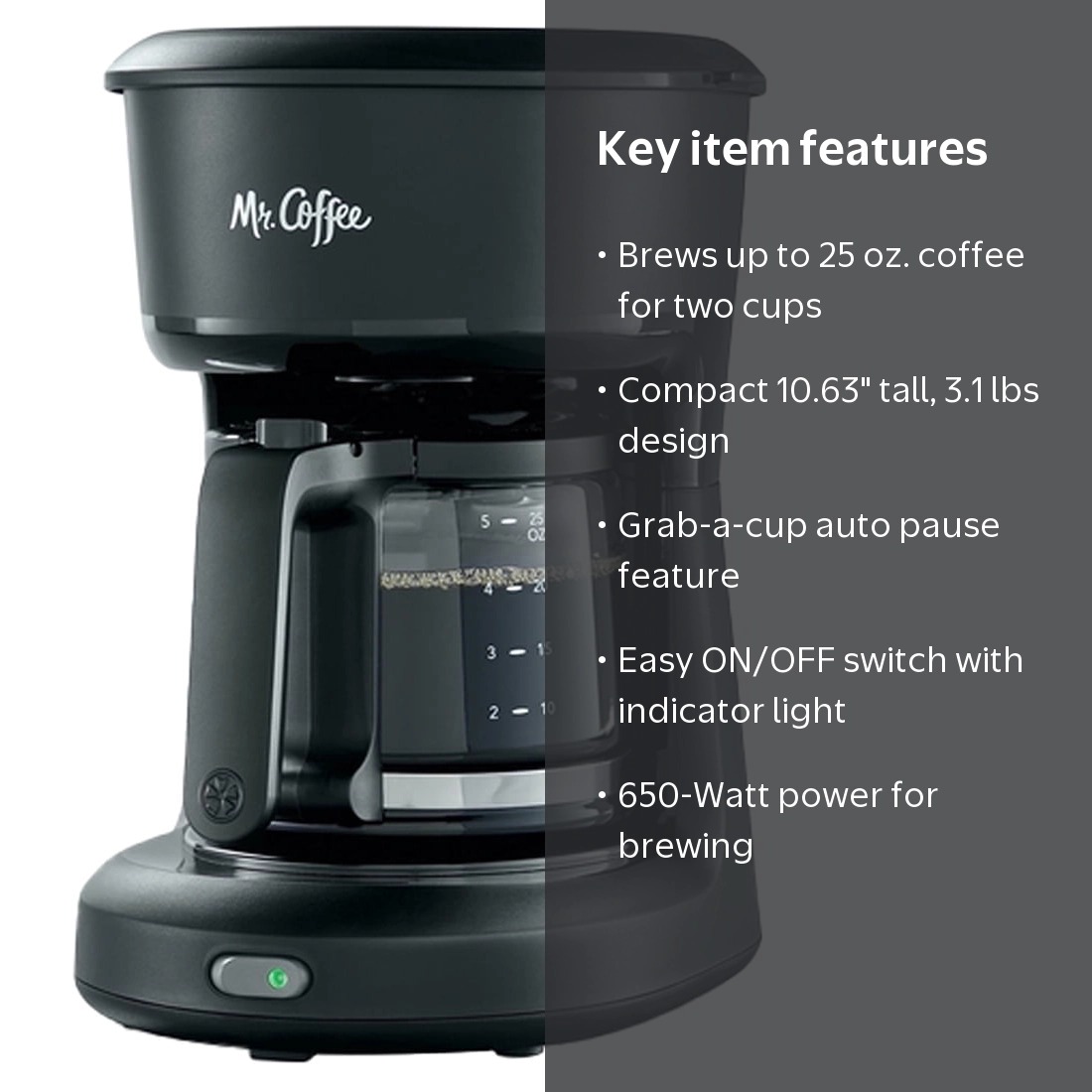 Mr. Coffee® 5-Cup Mini Brew Switch Coffee Maker, Black, Compact