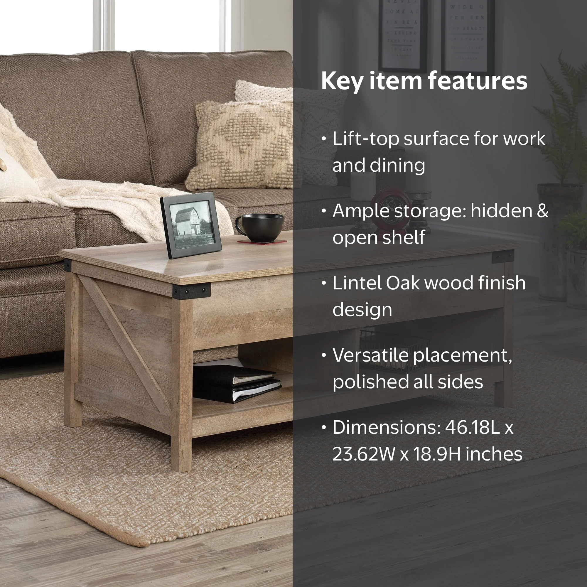Sauder Saddler Way Lift Top Coffee Table, Lintel Oak Finish