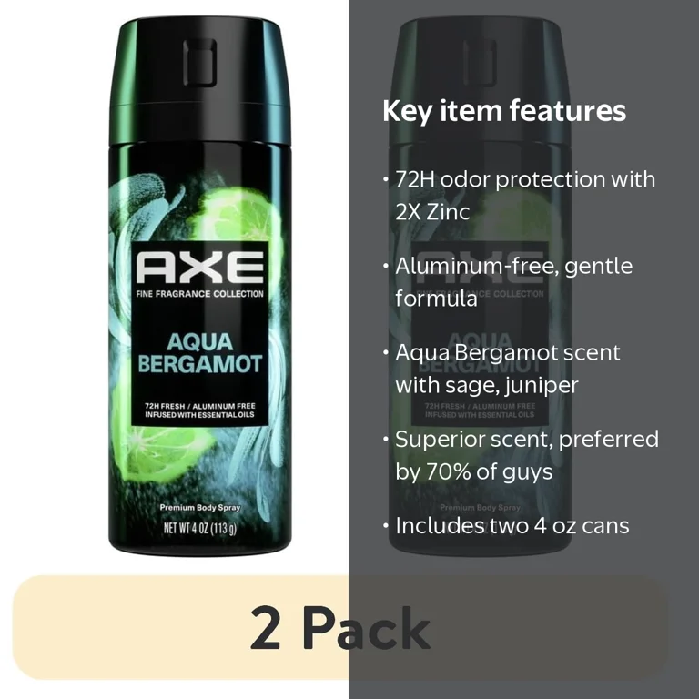 2 pack) Axe Fine Fragrance Collection Antiperspirant Deodorant Spray, Aqua Bergamot, 4 oz
