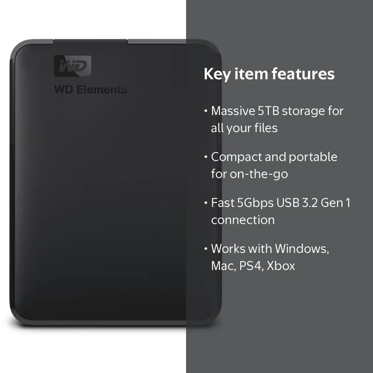 Western Digital, Harddrive, 5TB, Portable, Black, 5Gbps Speed