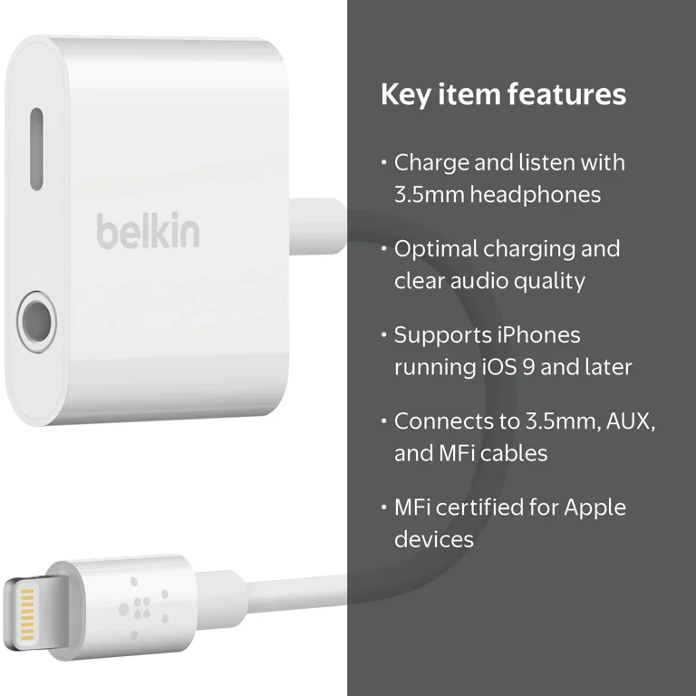 Belkin, 3.5 mm Audio + Charge Rockstar for iPhones, White