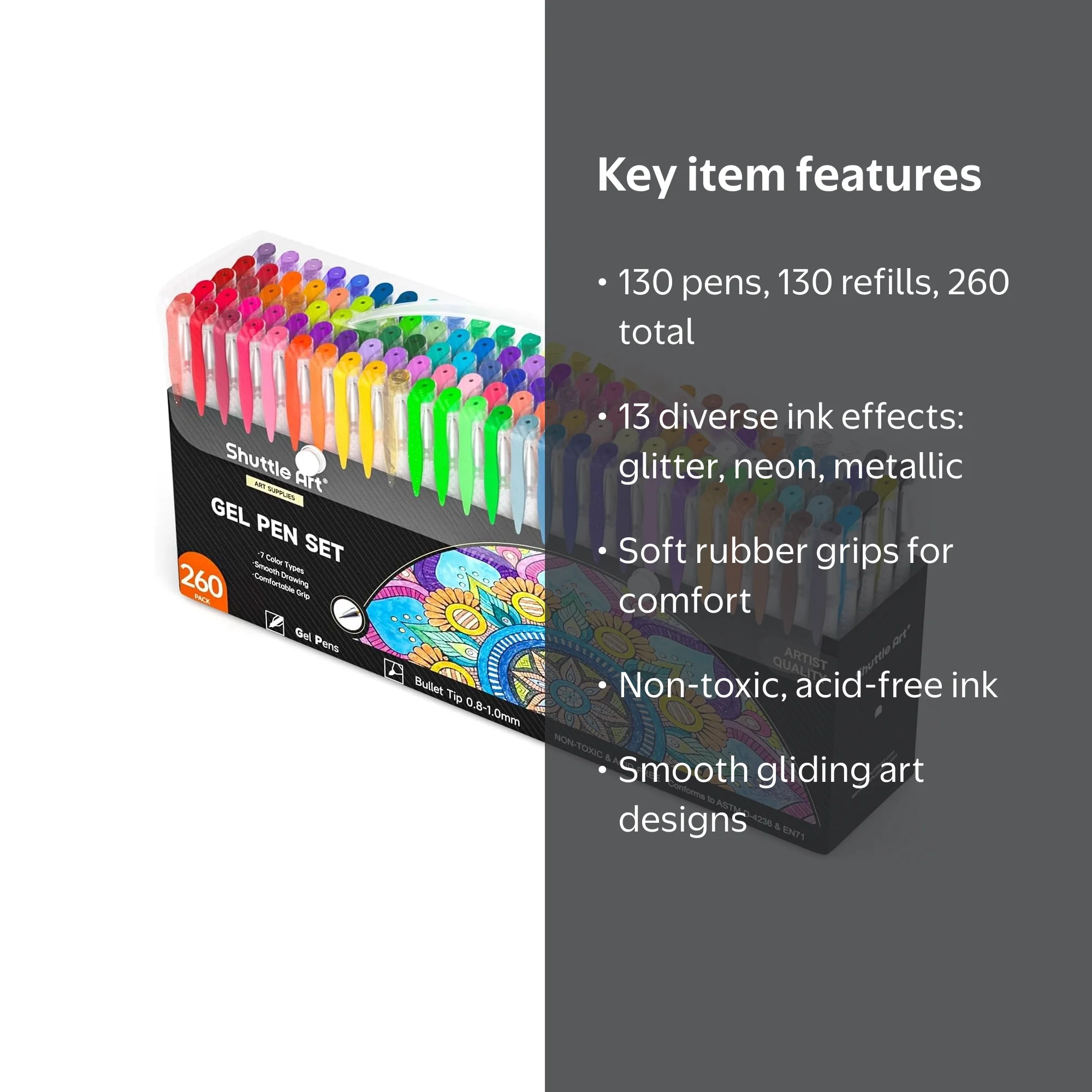 Shuttle Art 260 Pack Gel Pen Set, 130 Colored Gel Pens +130