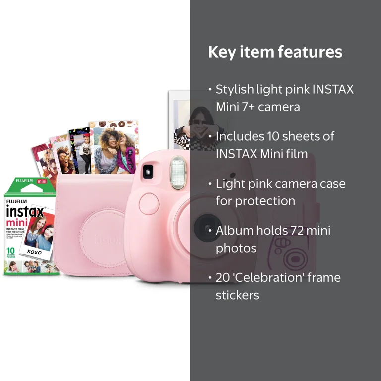 Fujifilm INSTAX Mini 7+ Instant Camera Bundle: Light Pink, 10-Pack