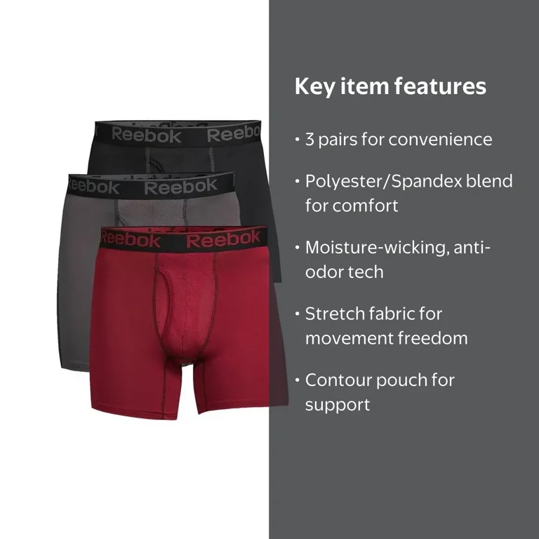 Reebok Men's Underwear Pro Series Performance Boxer Brief, 3 Pack