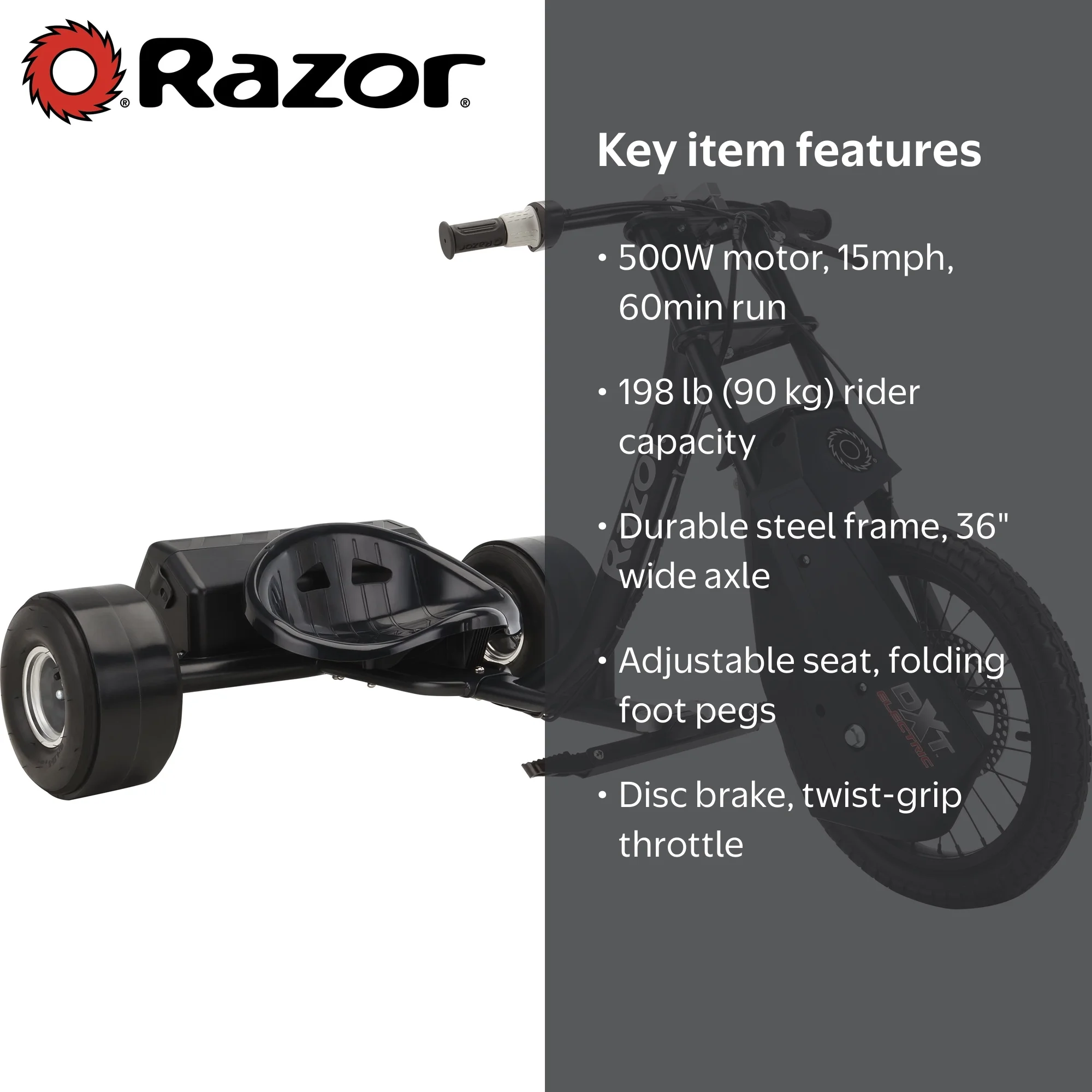 Razor DXT Electric Drift Trike- Black, 36V Powered Ride-On with