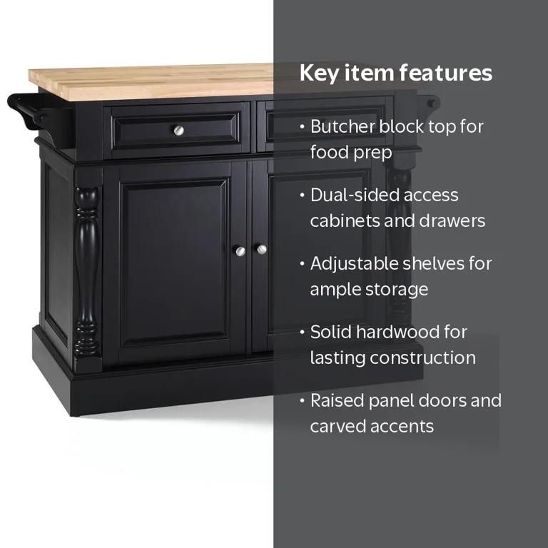 Oxford Black Finish Kitchen Island with Butcher Block Top and Wood