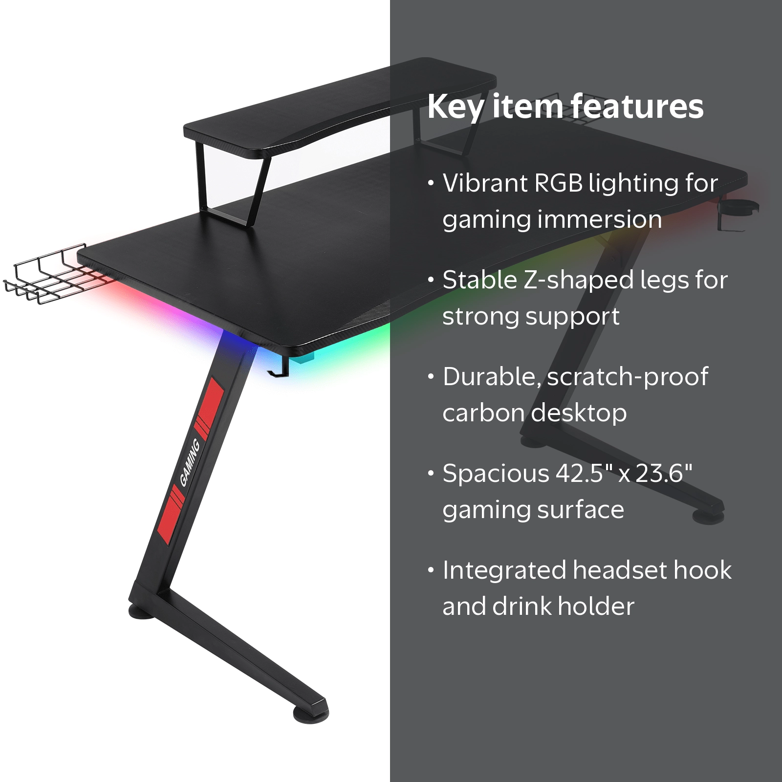GTRACING Ergonomic Curved 3-Sided LED Z-Leg Gaming Desk, Black
