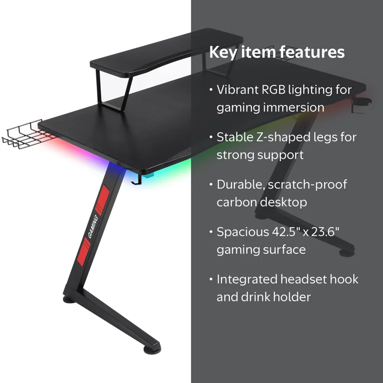 GTRACING Ergonomic Curved 3-Sided LED Z-Leg Gaming Desk, Black