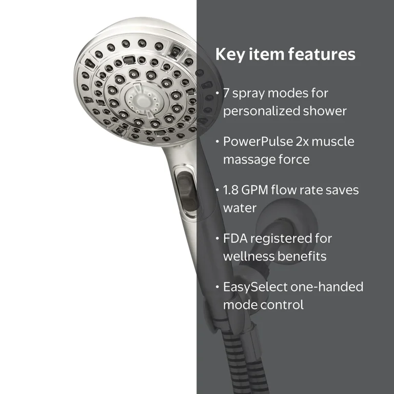 Waterpik Powerpulse 7-Mode Handheld Shower Head with Hose, Brushed