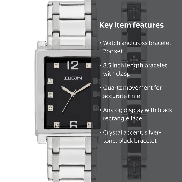Elgin Men's Quartz Crystal Accent Silver-Tone & Black Watch with