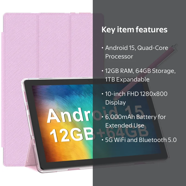 Android 15 Tablet with Case, 10 inch Tablets, 12GB RAM 64GB ROM