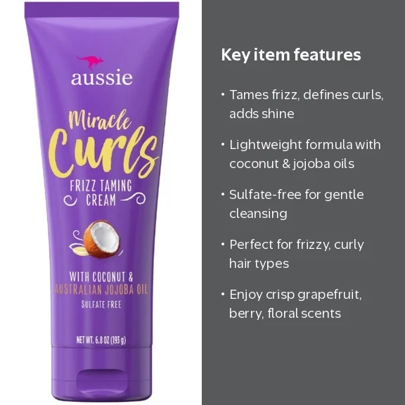Aussie Miracle Curls Frizz Taming Cream Coconut & Jojoba 6.8 oz