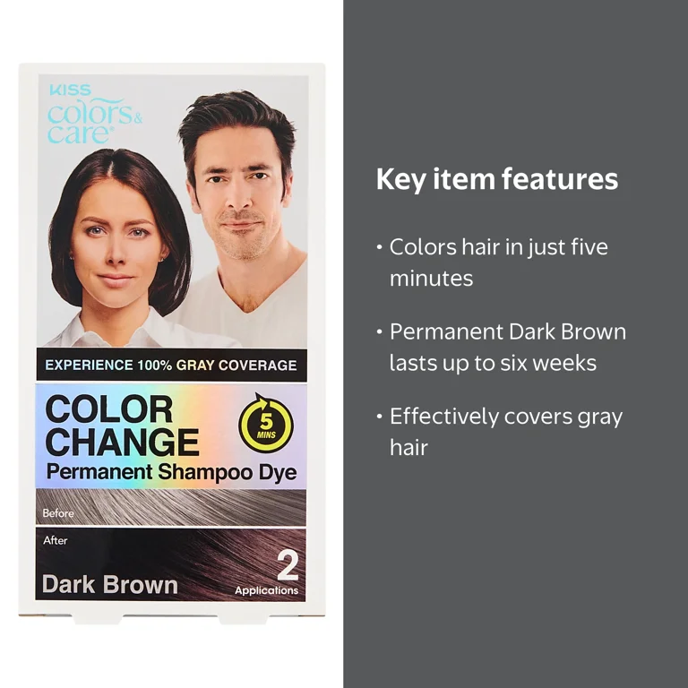 KISS Color Change Permanent Shampoo Dye All-in-One Kit, Dark Brown