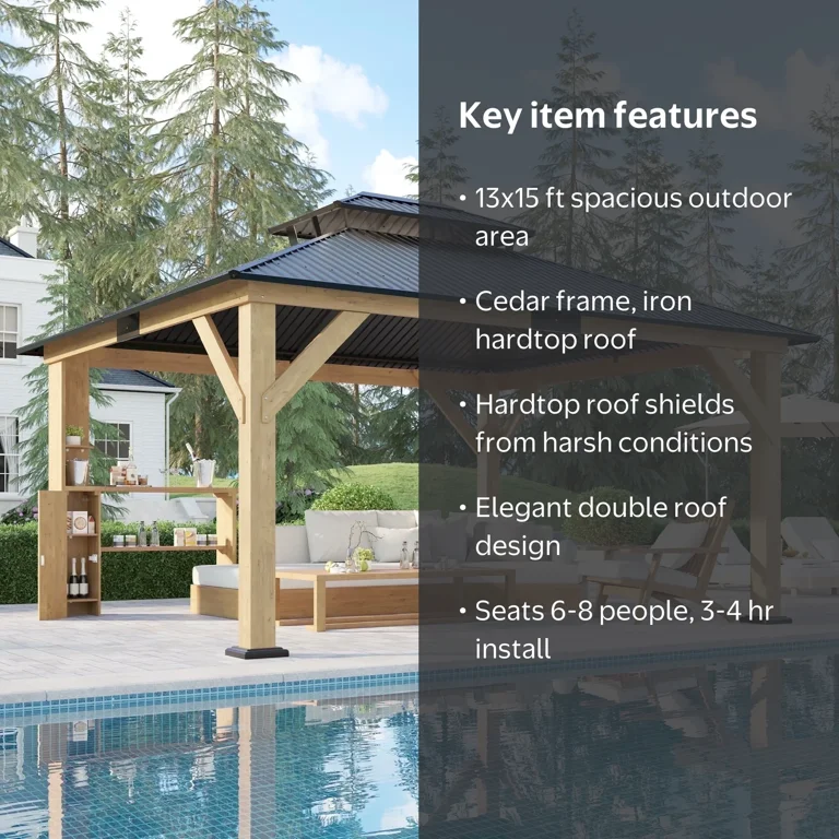 AMERLIFE 13x15 Hardwood Top Cedar Gazebo, Double Iron Roof, Grill