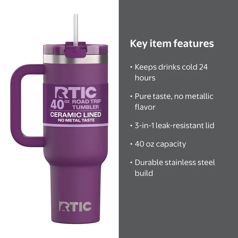 RTIC 40 oz Ceramic Lined Road Trip Tumbler with Handle and Leak