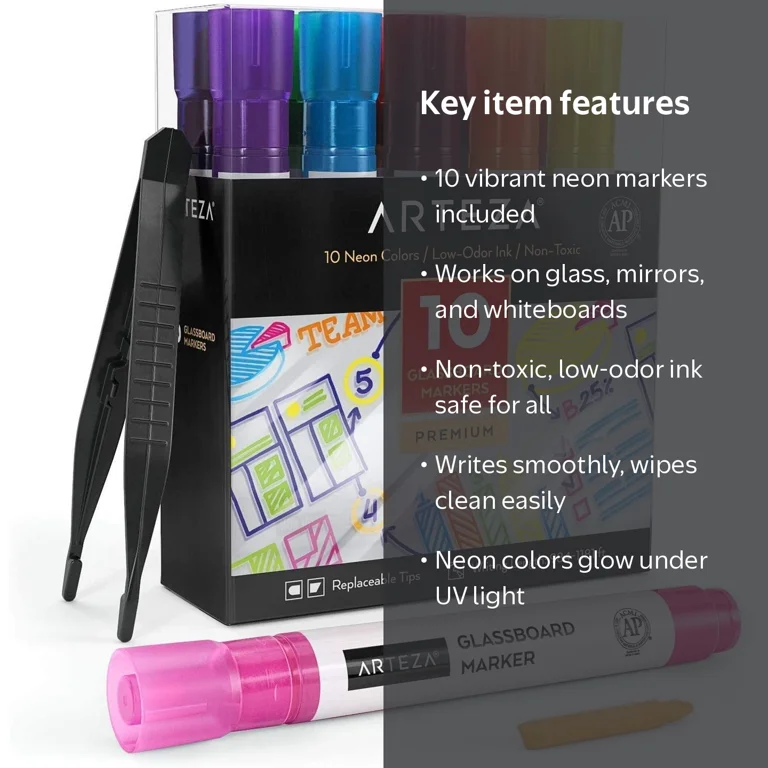 Arteza Washable Glass Board Markers Set, 10pk, Neon Colors