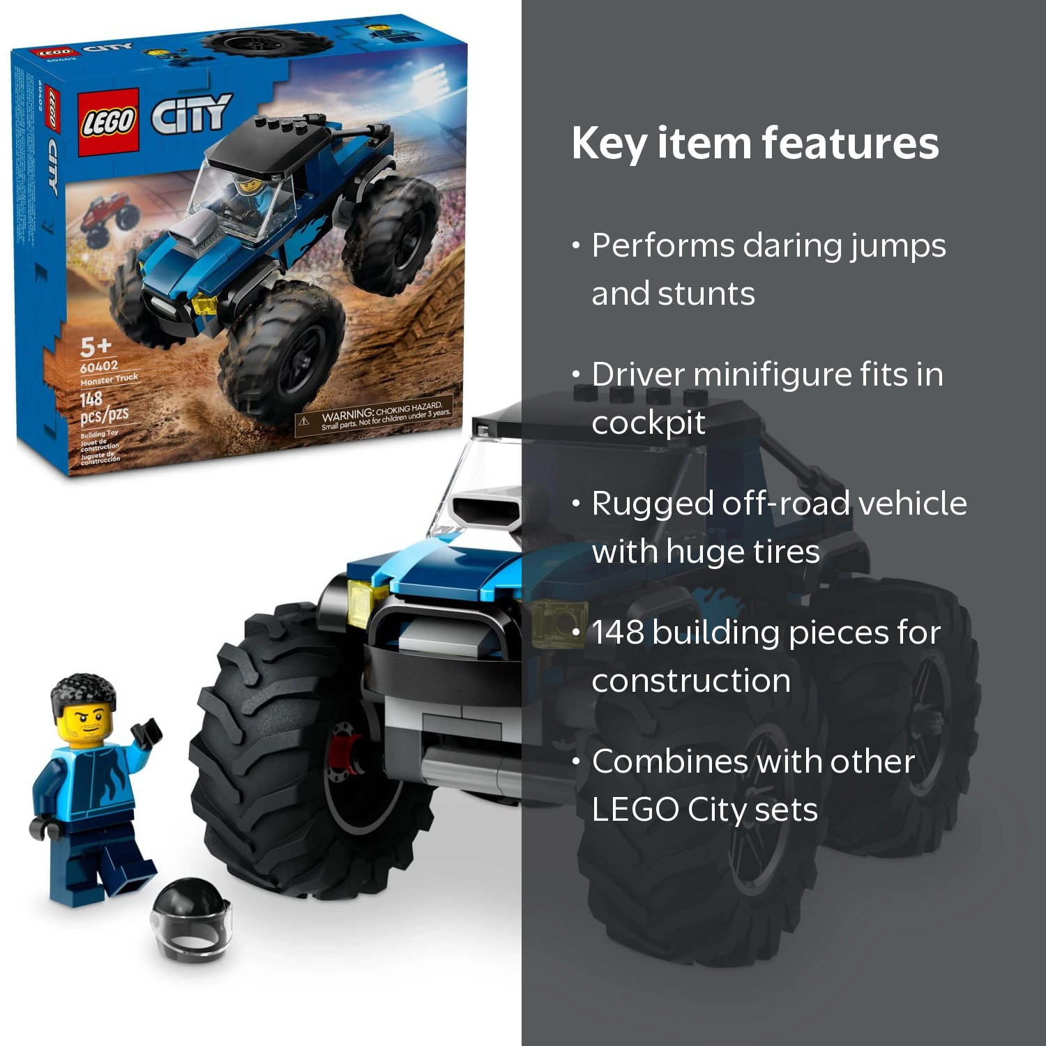 LEGO, City Blue Monster Truck Off-Road Toy Set, 60402, 148 Pieces