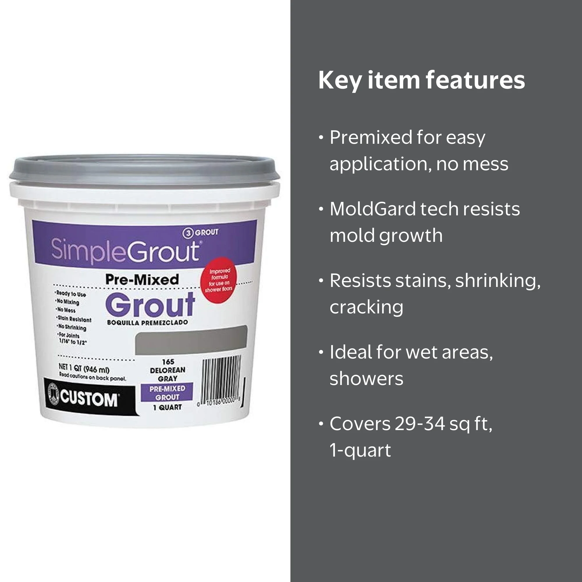 CUSTOM, Simple Premium Grout, 1-Quart, Stain Resistant Gray
