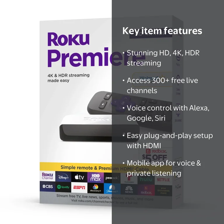 Roku, Streaming Media Player, Premiere, 4K HDR with HDMI Cable