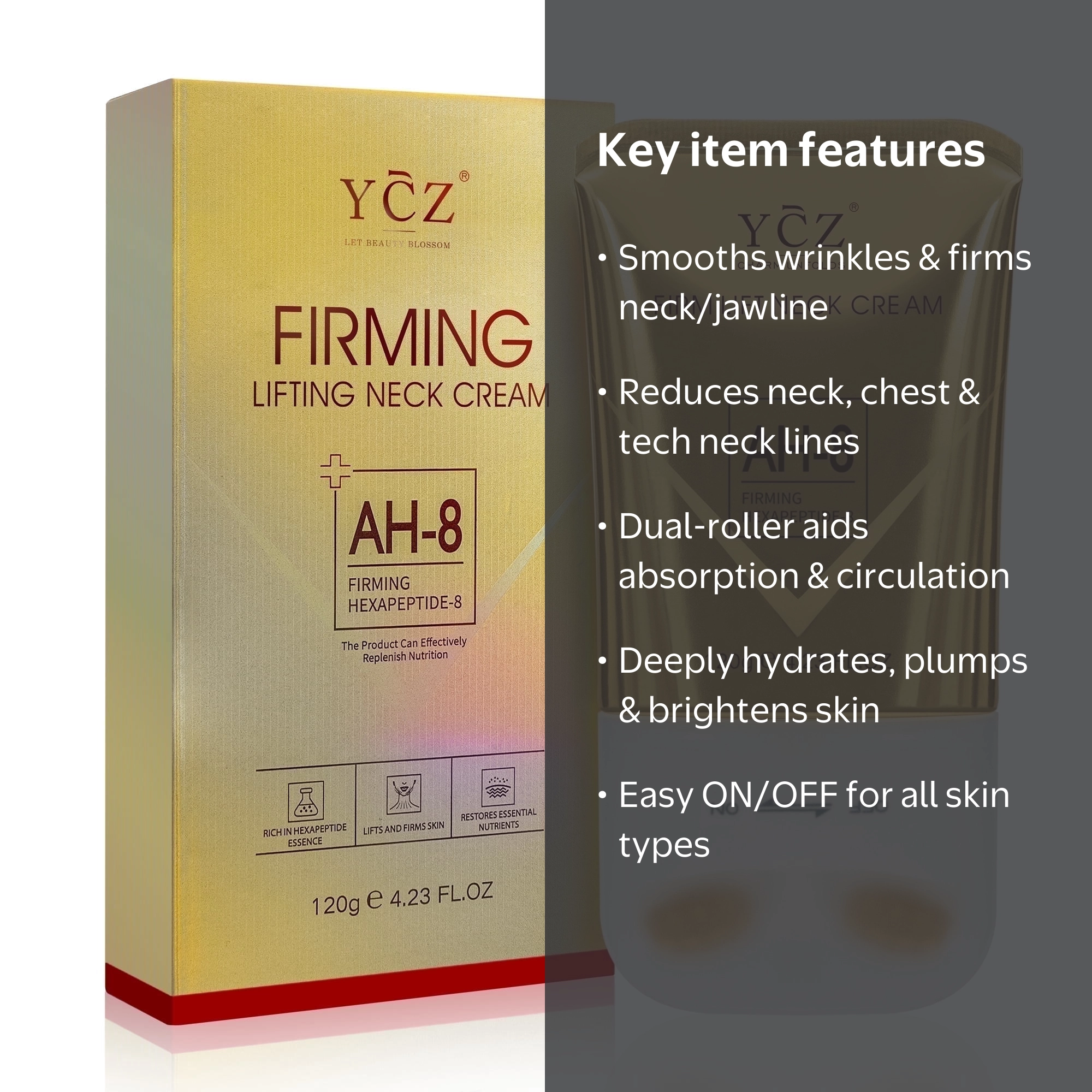 Ycz AH-8 Firming Neck Cream, Anti-Aging Moisturizer, Dual Roller