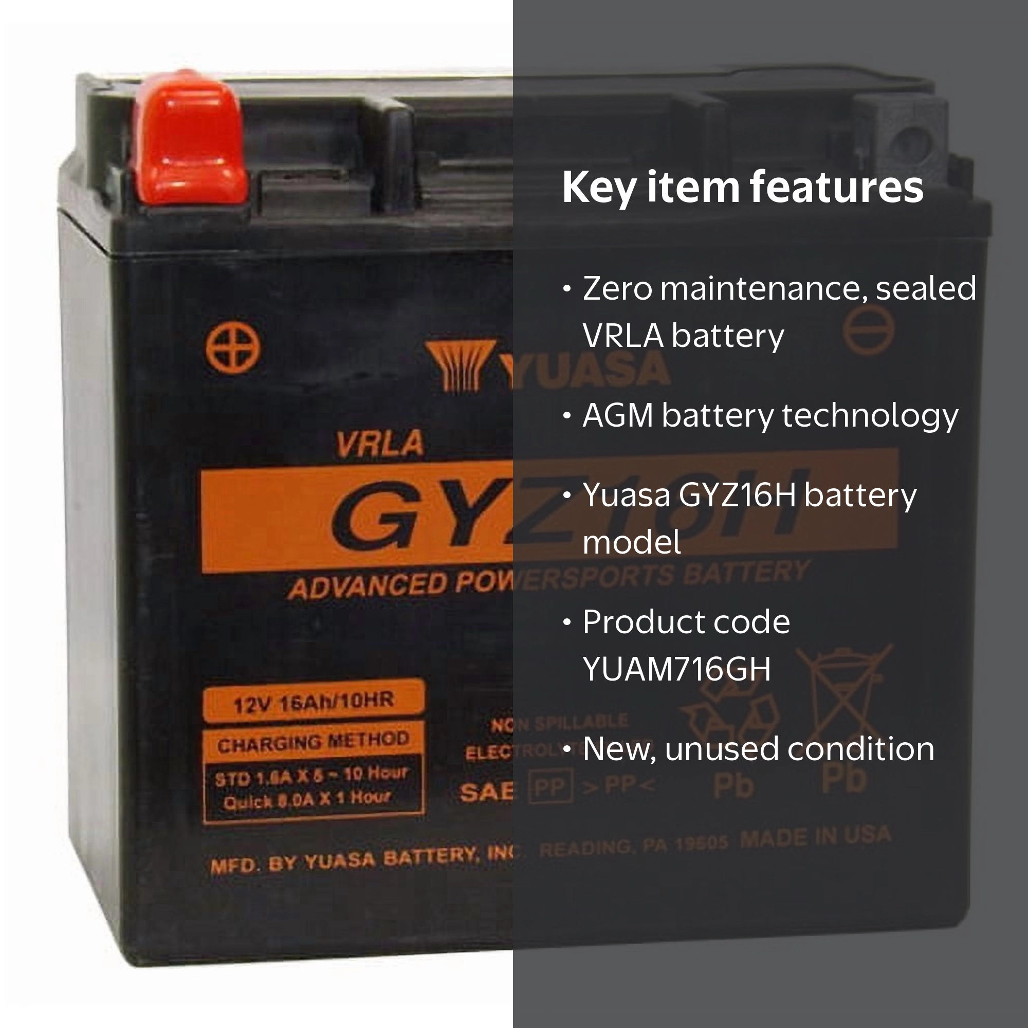 Yuasa GYZ16H GYZ Series AGM Maintenance Free Battery with Sealed