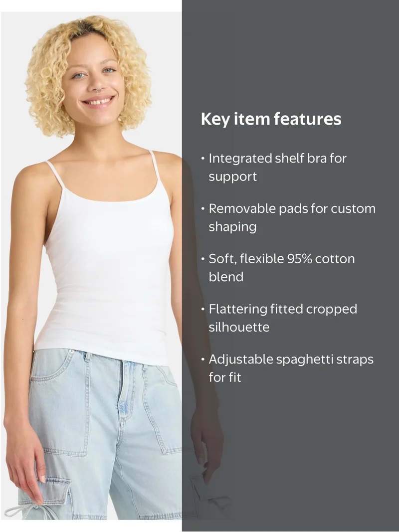 No Boundaries Cropped Shelf Bra Cami Top Women's Fitted Spaghetti