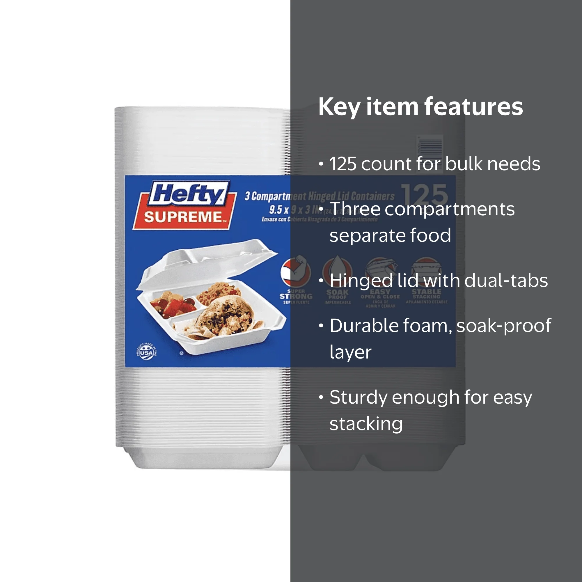 Hefty Supreme Foam Containers, Hinged Lid, 3-Compartment, 125 ct