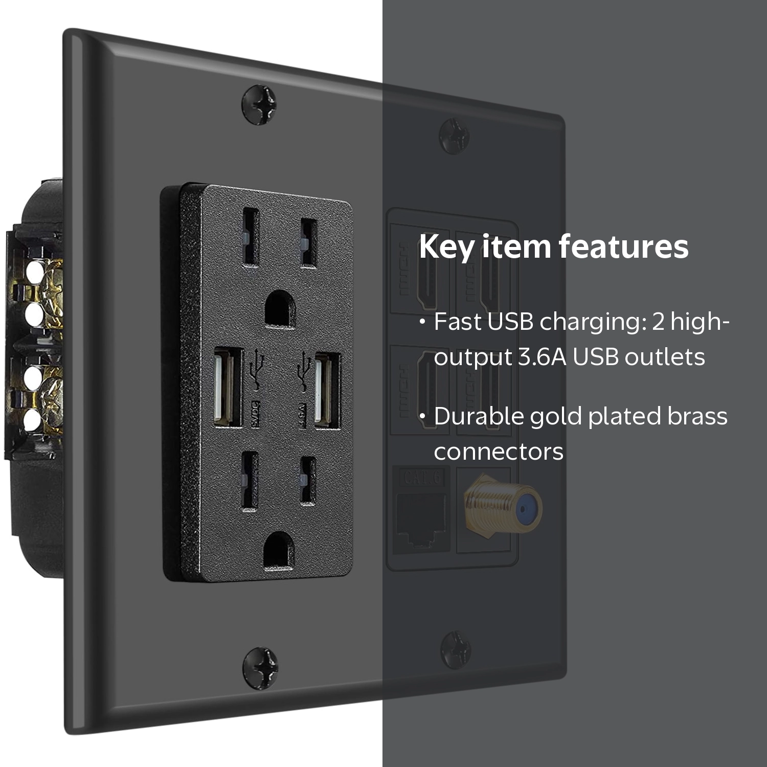TNP Multimedia Outlet Box – HDMI Wall Plate With USB Charging, 15A Power Outlet, 4 HDMI, RJ45 Ethernet, Coax, Keystone, White