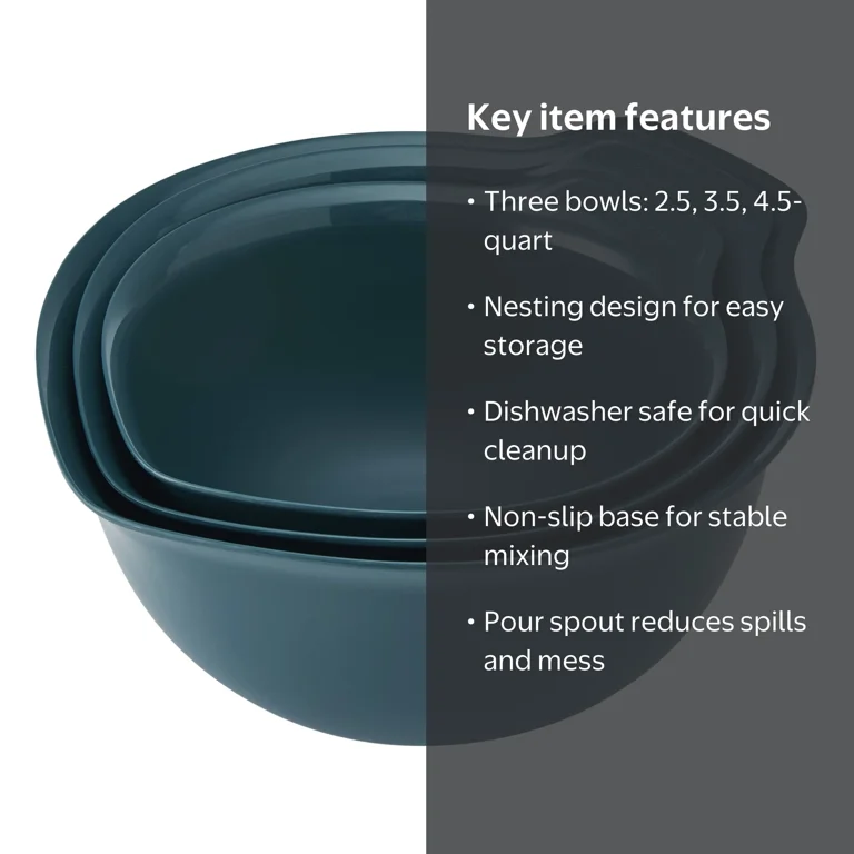 KitchenAid 3-Piece Nesting Plastic Mixing Bowls Set, Agave