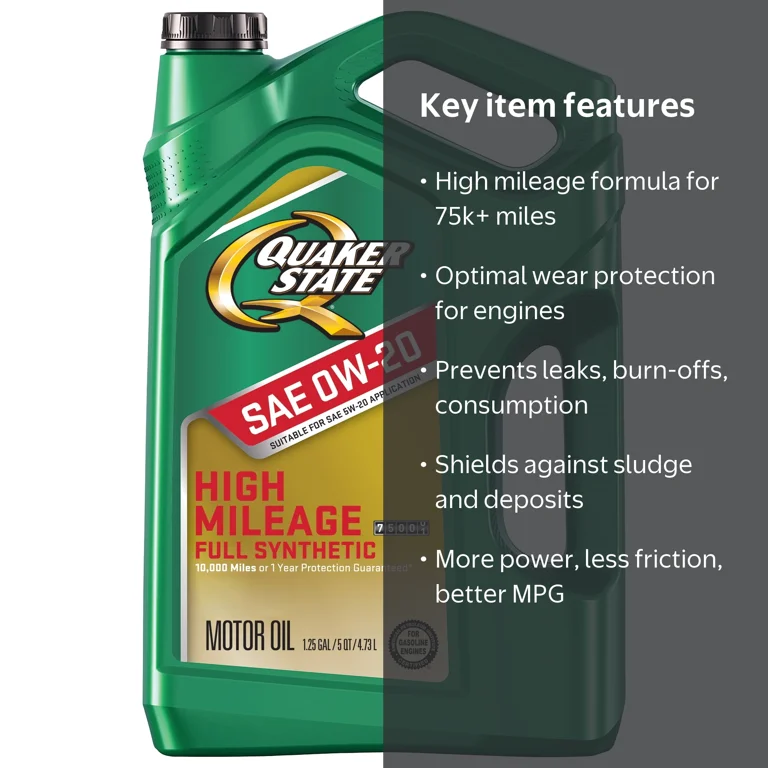 Quaker State Full Synthetic High Mileage 0W-20 Motor Oil, 5 Quart Quaker State Full Synthetic High Mileage 0W-20 Motor Oil, 5 Quart