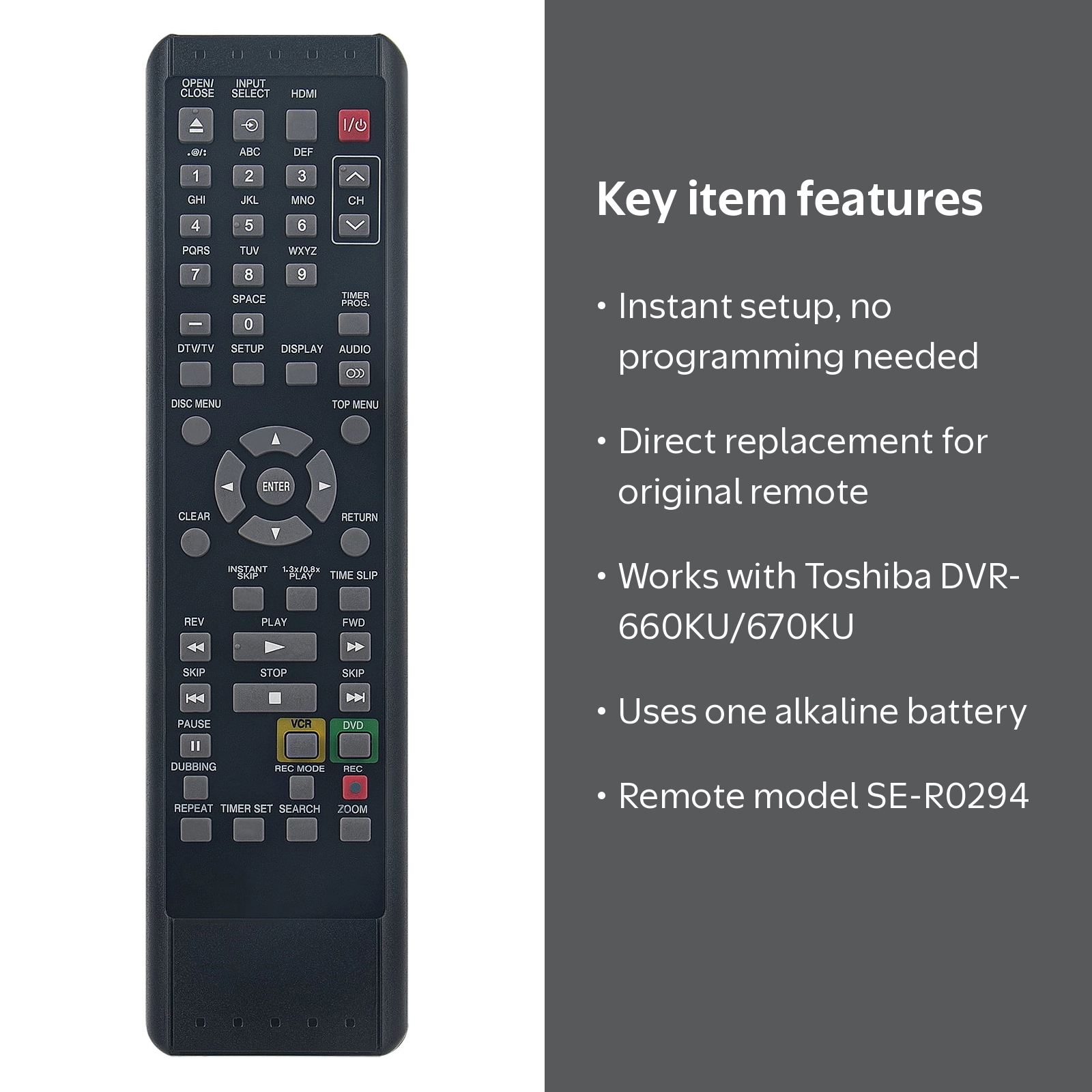 PerFascin SE-R0294 Replacement Remote, Toshiba DVD VCR Combo DVR