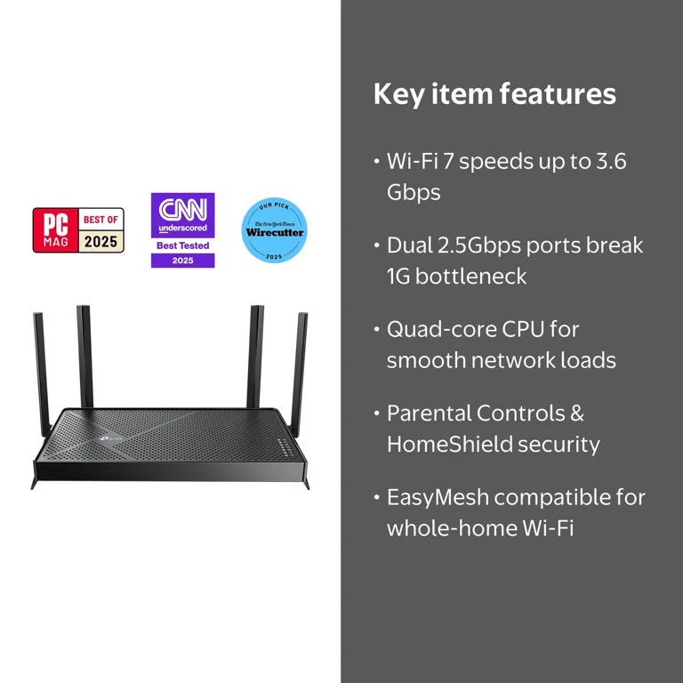 TP-Link, Dual-Band WiFi 7 Router, BE3600, 4x External Antennas