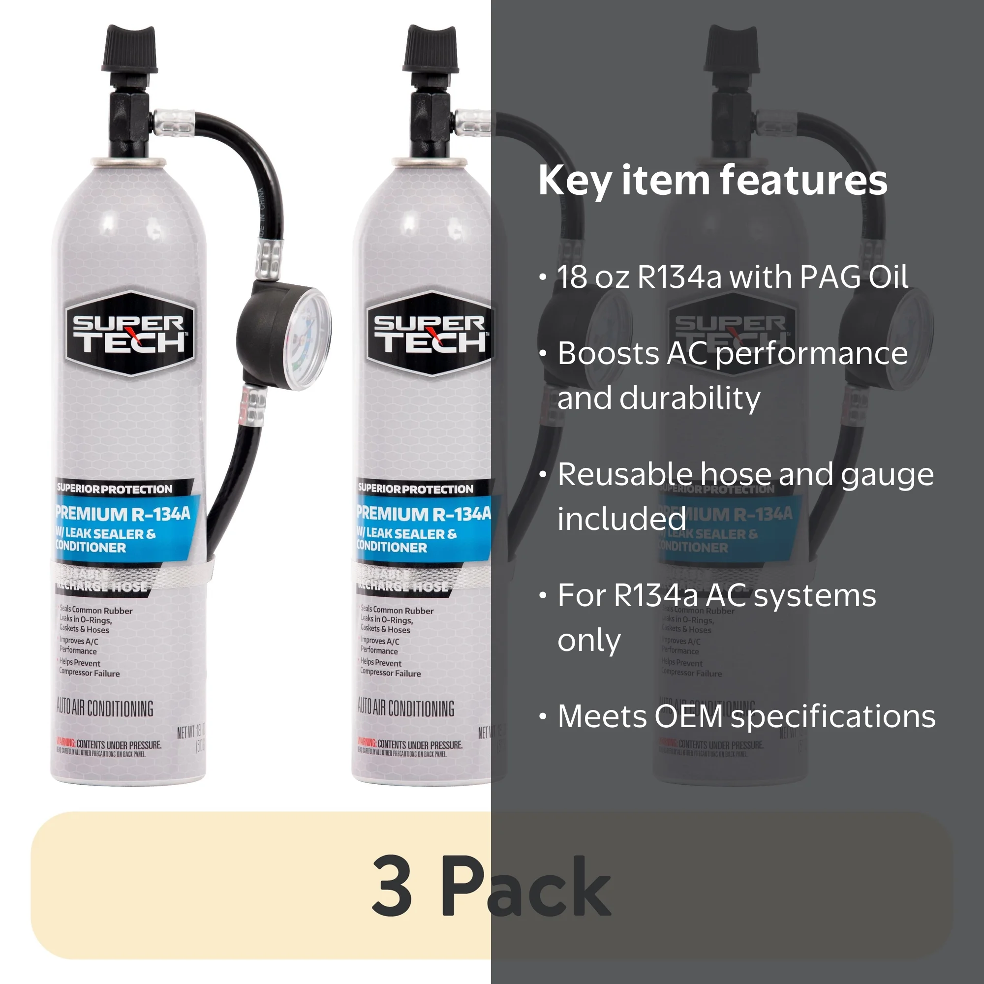 3 pack) Super Tech Premium R-134a Automotive Refrigerant with